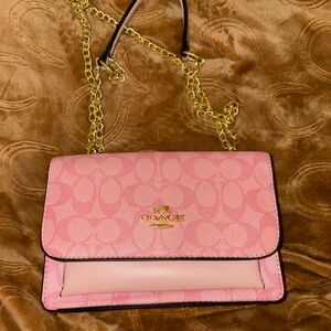 Coach Signature Pink Crossbody Bag with Gold Chain